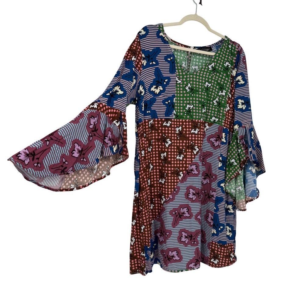 Eloquii Patchwork Floral Polka Dot Bell Sleeve Mini Dress Size 14 Fall Leaf